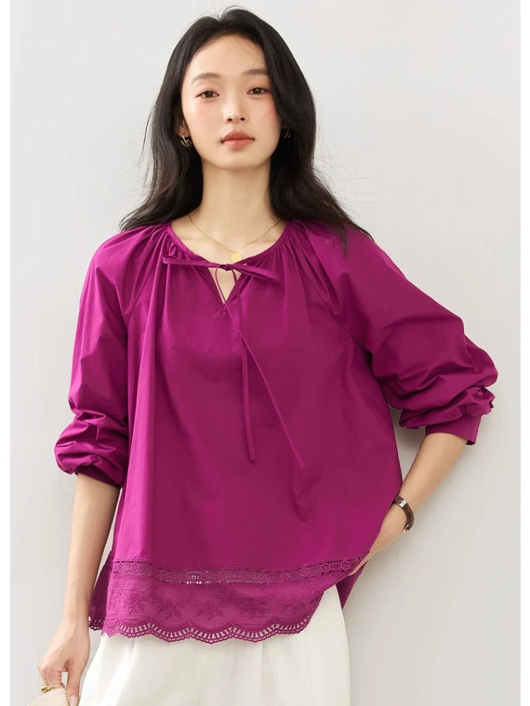 VIMLY Blouses Woman 2025 Autumn Long Sleeve Pure Cotton New Loose Shirts Casual Lace Splicing Hollow Out Hem Ladies Tops A1988