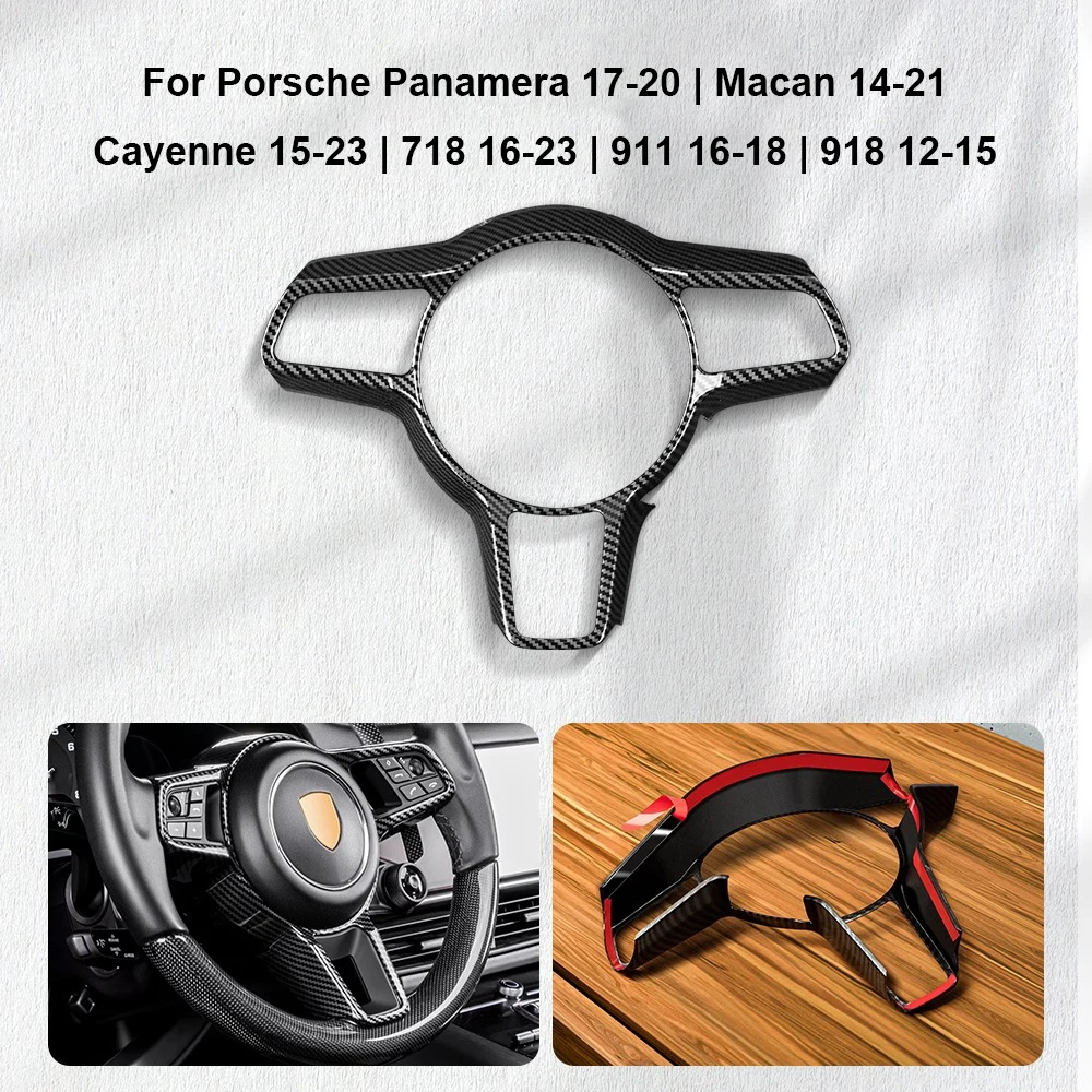NEW1 For Porsche Cayenne Panamera Macan 718 911 918 2006-2018 2020 2024  Carbon Fiber Texture Steering Wheel Panel Frame Cover T