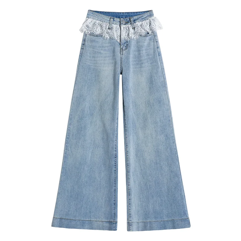 Street Trend Lace Patchwork Denim Wide-leg Pants, Women's Spring Fashion High-waisted Loose Design Sense of Straight Leg Jeans