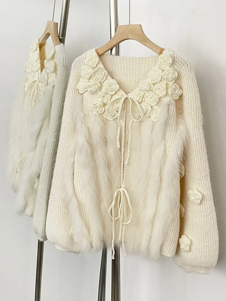 ZMEENNA Women's Red Knit Cardigan Floral Rose Applique Faux Fur Trim Tie Front Long Sleeve V-Neck Winter Outerwear ZM4207