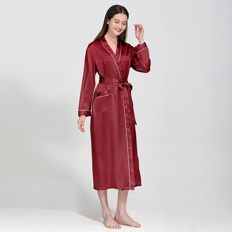 100% Mulberry Silk Long Robe Nightwear Pure Silk Wedding Bathrobe Women's Kimono Nightgown Sexy Lingerie Robe Solid Pink Robes