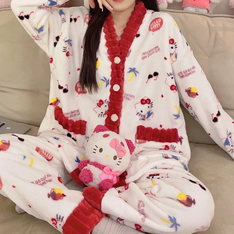 New Sanrio Hello Kitty Anime Women's Pajamas Fall and Winter Thickened Long-sleeved Pants Suit Kawaii Loose Comfortable Homewear