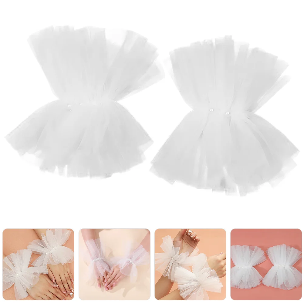 

1Pair Princess Sleeve Wrist Cuffs Pearl Embellished Organza Dress Accessories Women Fashion Fingerless Wrist Sleeves