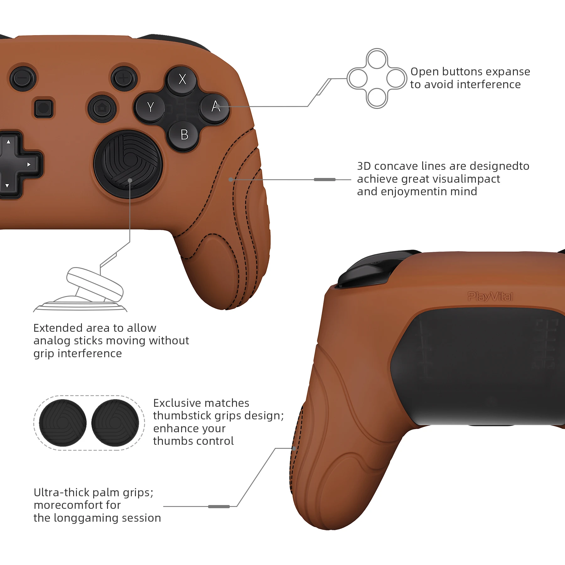 PlayVital Samurai Edition Ergonomic Silicone Skin Protective Case for Nintendo Switch Pro with Thumb Grips - Signal Brown