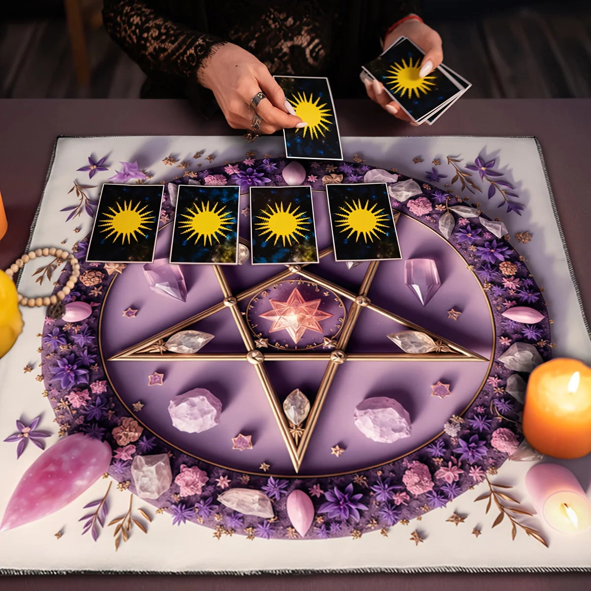 1pc Purple‑Gold Gothic Pentagram Floral Tarot Tablecloth, Mystical Decor for Parties & Meditation, Gift for Occult Lovers