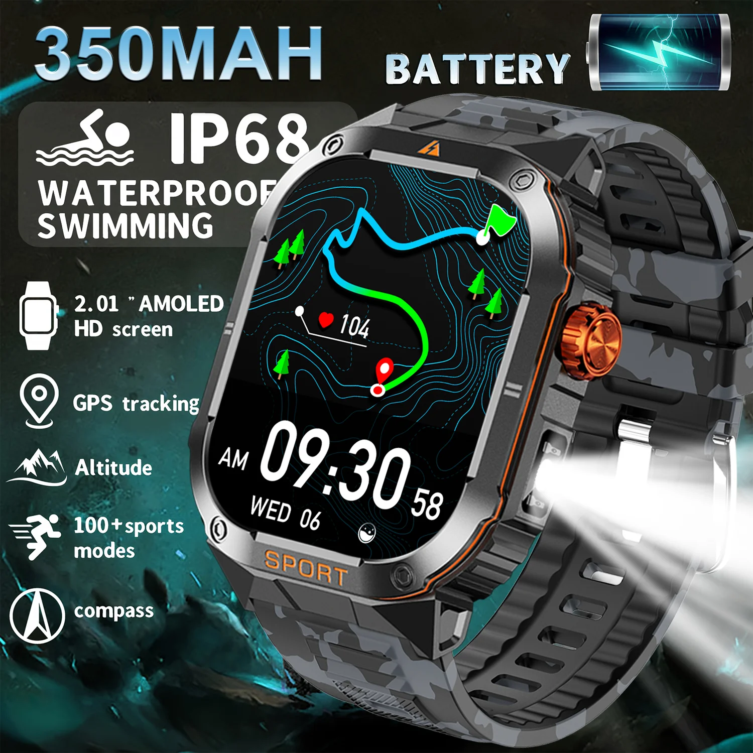 

DAORKOW 2.01" Outdoor Military LED Flashlight Smart Watch Men Call Reminder Waterproof Sports Fitness Smartwatch For Android IOS