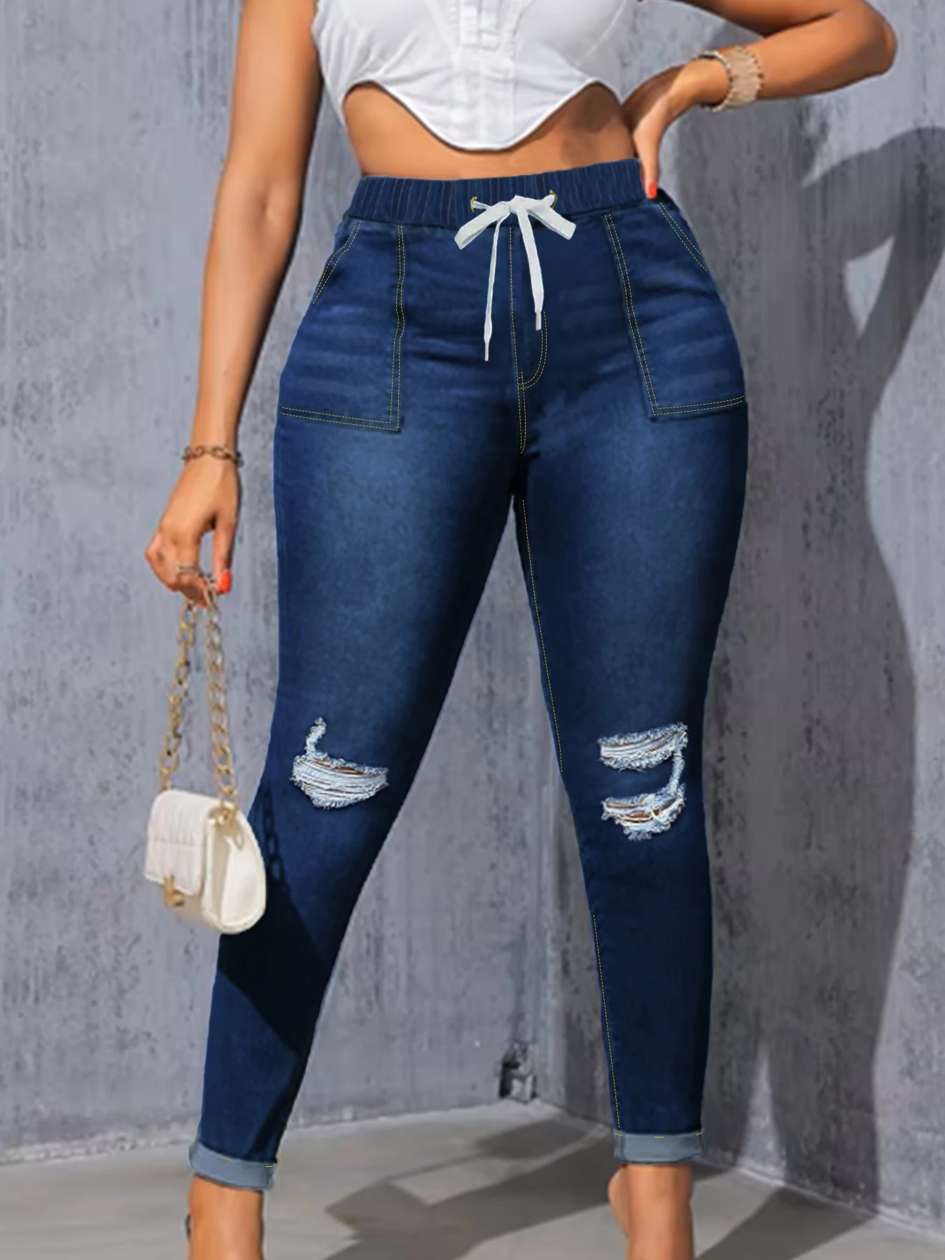 حجم كبير عالية الخصر سليم صالح الدينيم الجينز للنساء خمر ممزق متعرج بعقب مطاطا حجم كبير الجينز النسائية #6