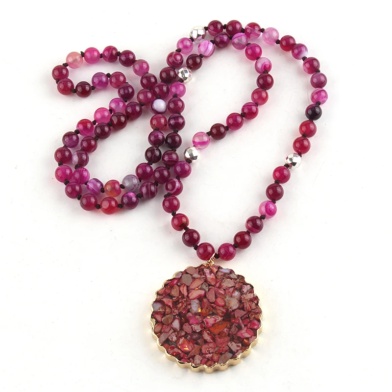 Fashion 8mm Natural Fuchsia Stripe Stones Magnetic Bead Knotted with Facet Square Stone Pendant Handmade Necklace Women Jewelry