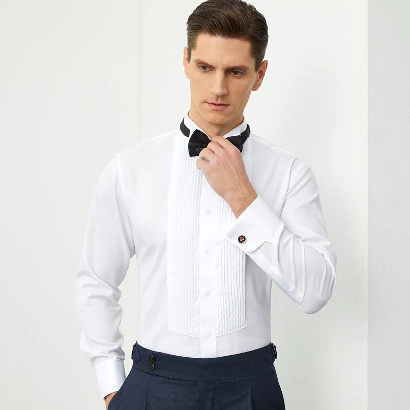 Men's Dress Cufflinks Shirt Pure Cotton Slim Wedding Banquet Wing Collar Formal Men's Bow Tie