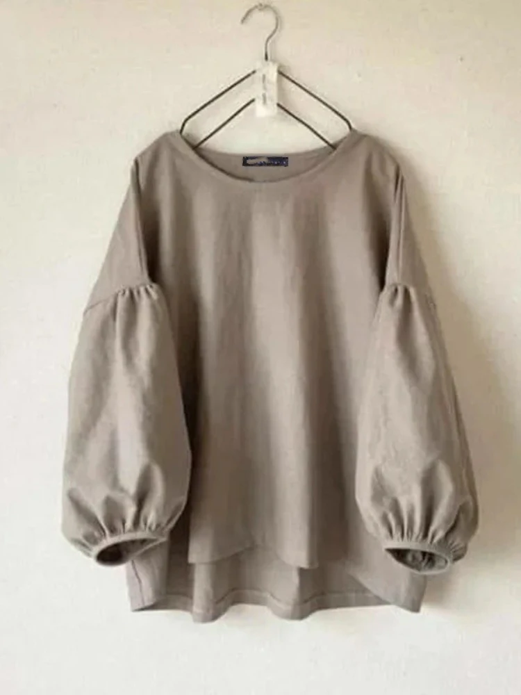 

2025 Summer Fashion New Women's Long Sleeve Round Neck Shirt Solid Color Waist Top Retro Casual Loose Shirt Elegant Work Shirt