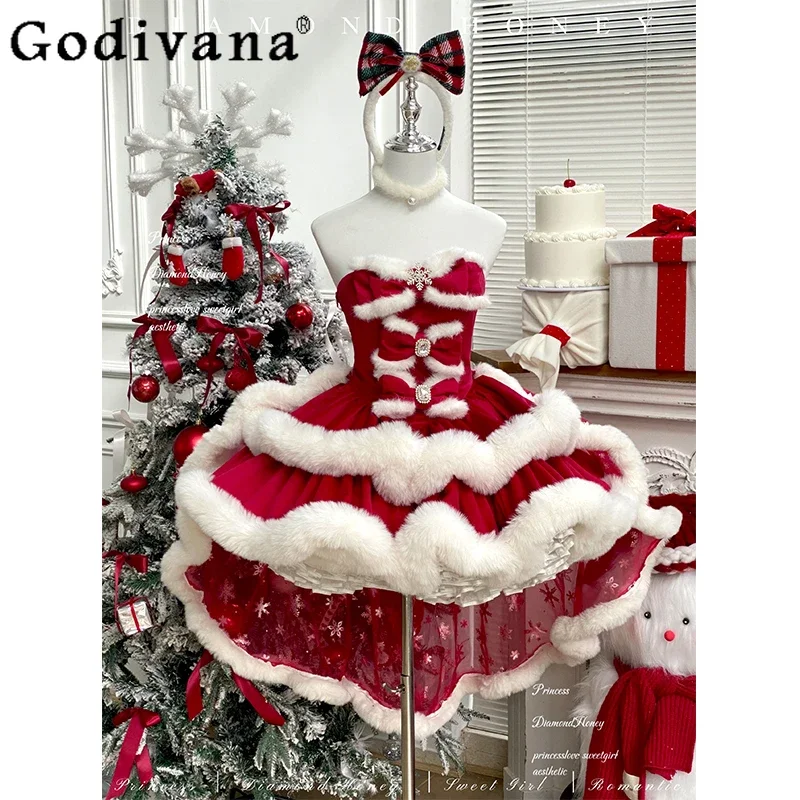 

Christmas Party Red Lolita Strapless Dress Autumn and Winter New Women's Bow Rhinestone Shorts Dress Soft Thickened Dress Mujer