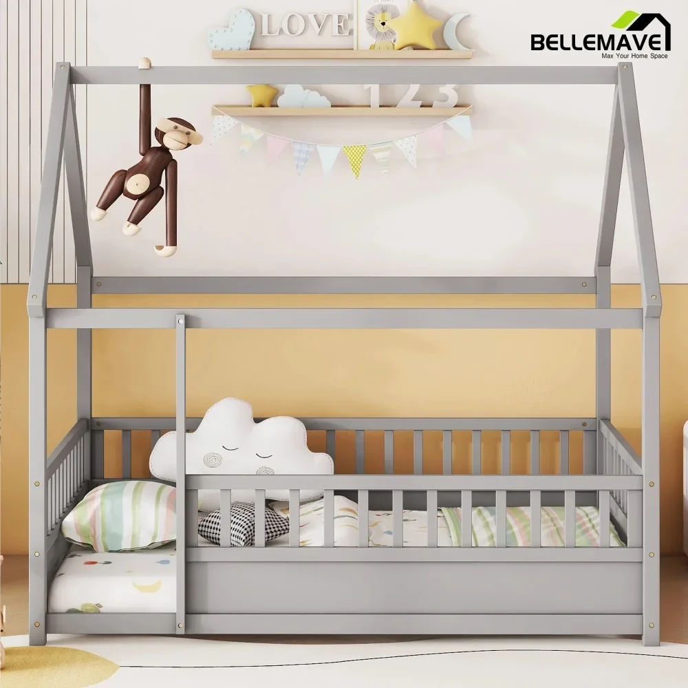 

Full Size House Floor Bed with High Fence Guardrails Wooden Playhouse Beds Frame Floor Bed with Roof Montessori House Beds Frame