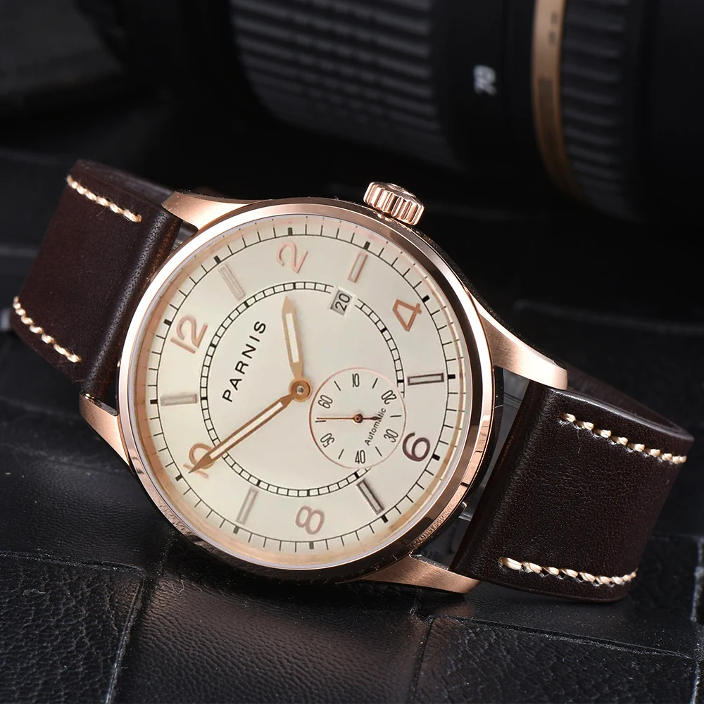 Fashion Parnis 41.5MM Rose Gold Case Automatic Mechanical Men\'s Watches Leather Strap Calendar Men Waterproof Watch reloj hombre