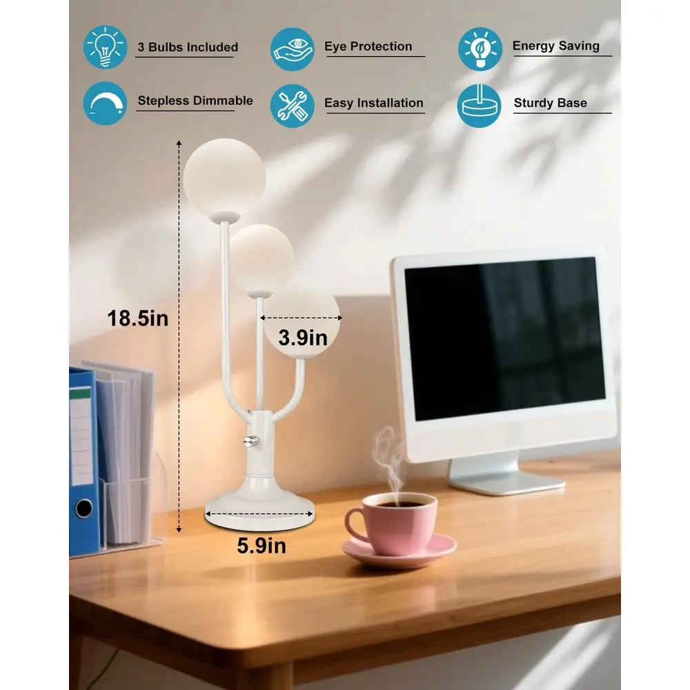 Mid-Century Modern 3-Light Dimmable Desk Lamp with Warm White Globe, 3000K, Nightstand Light, G9 Bulb Included