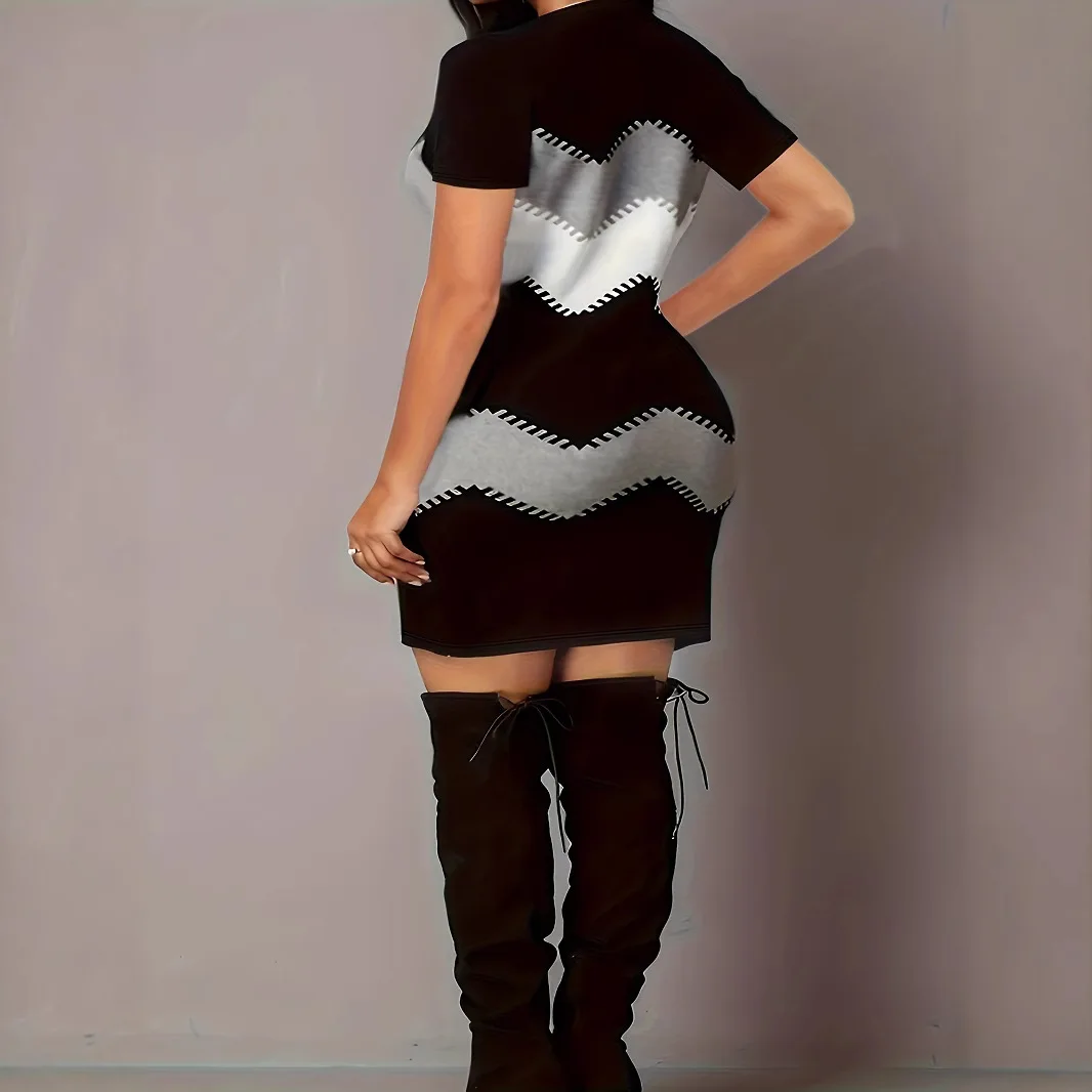 Damska Wąska Letnia Sukienka Midi z Krótkim Rękawem, Luźna, w Stylu Vintage, Seksowna, Elegancka, z Paskami 3D, Befree, Boho, Codzienna, na Imprezę