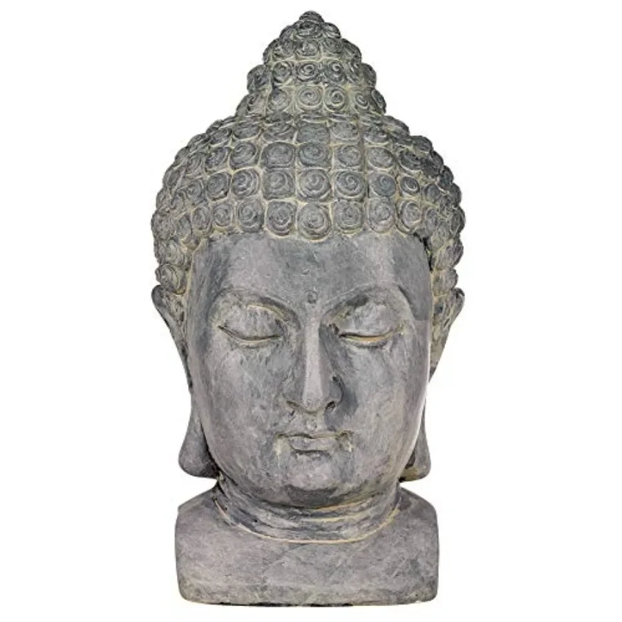 Outdoor meditating Buddha head statue, resin, gray, weather-resistant finish, 18 1/2 inches high