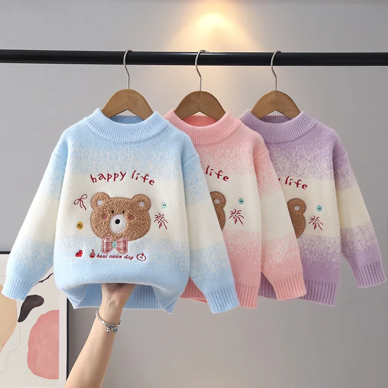 Little Girl Gradient Knit Sweater Cute Bear Embroidery Pullover Kids Soft Warm Long Sleeve Jumper Fall Winter Child Tops JY09201