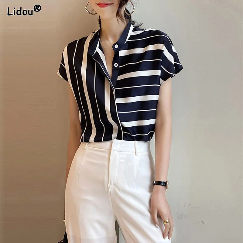 

Stand Collar Temperament Loose Striped Short Sleeve Button 2023 Women's Clothing Office Lady Fashion Casual Blouses Summer Thin