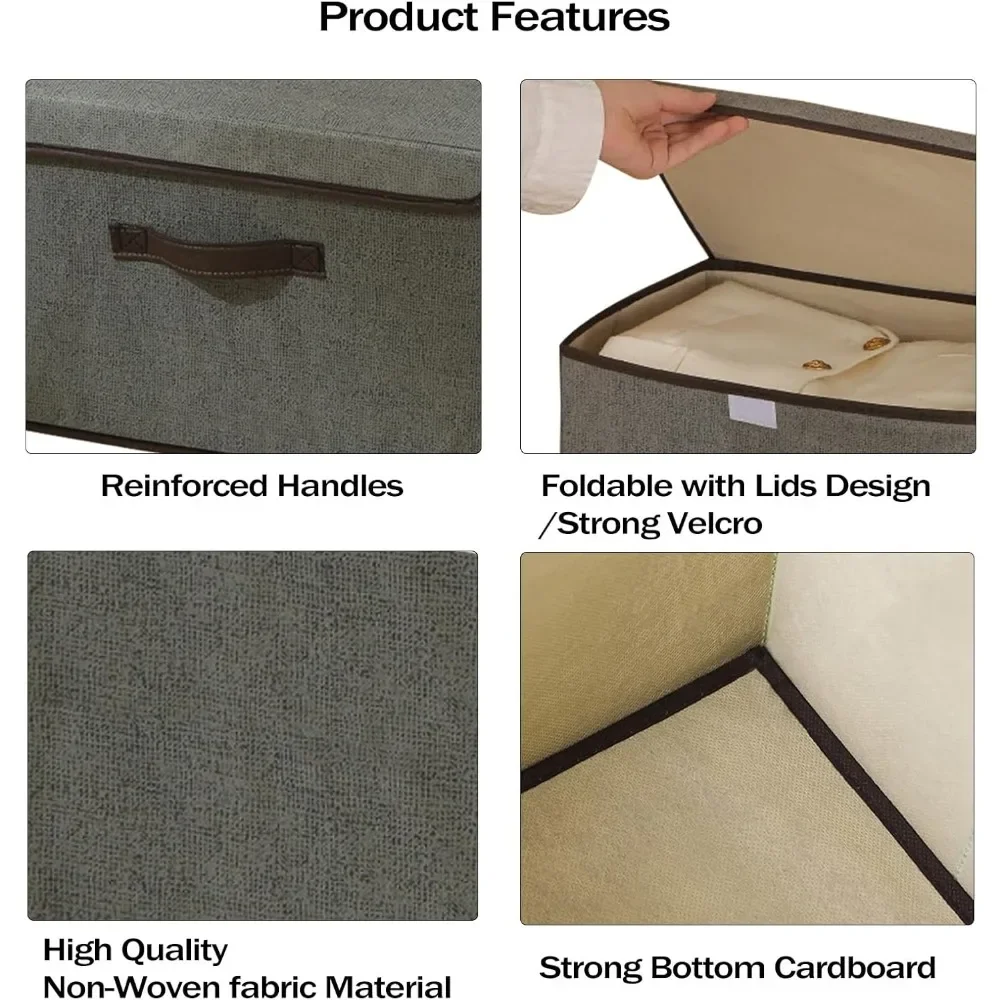 4 عبوات من صناديق تخزين كبيرة مع غطاء، وصناديق تخزين قابلة للطي، وصناديق تخزين قماشية قابلة للغسل، وقماش كتان قطني بغطاء مزخرف #3