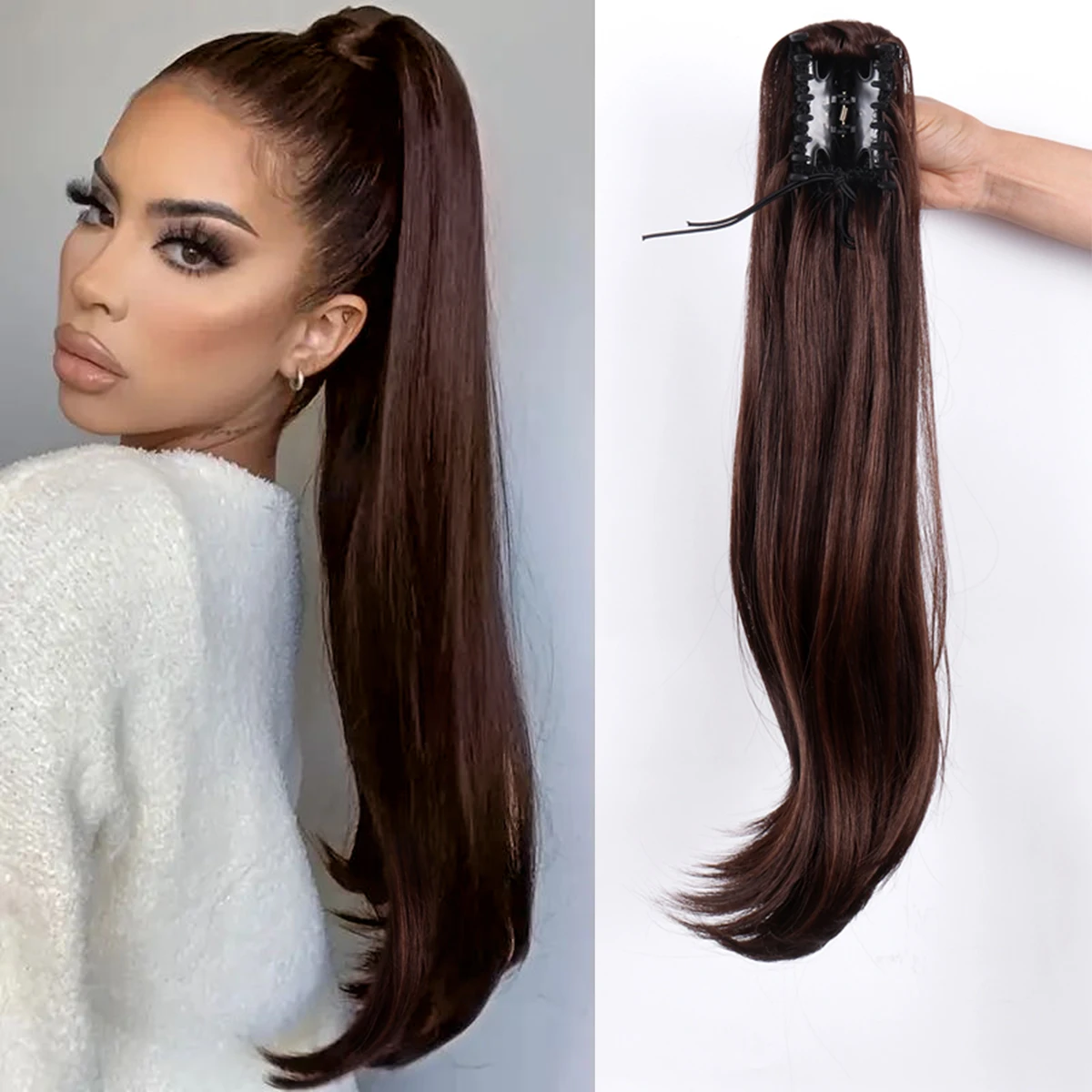 شعر مستعار اصطناعي مستقيم ، قطعة شعر إطالة ذيل الحصان ، شعر مستعار بني أومبير ، آلة كاملة الصنع ، نوعية جيدة ، 20 في ، 1 #1