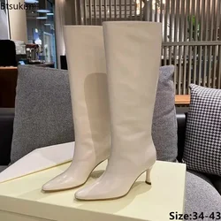 New 2026 Women's Fashion Modern Long Boots High Heels Solid Elegant Knee High Boots Female Sexy Pointed Toe Leather Knight Boots