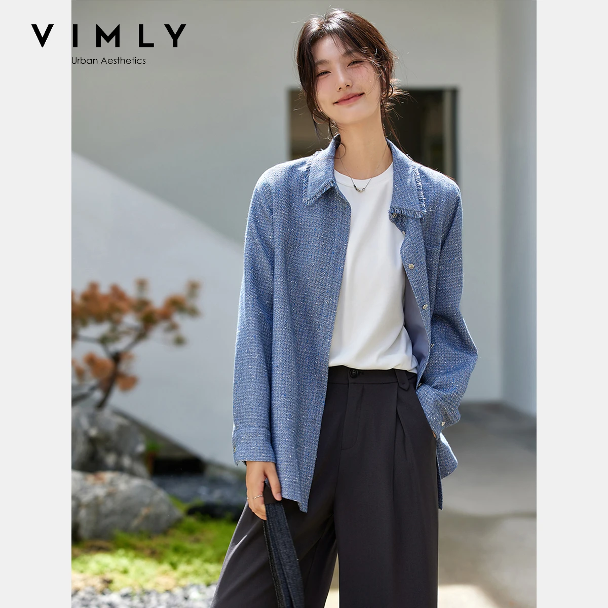 

VIMLY Blue Vintage Woven Tweed Jacket Coat Women Autumn 2025 Small Fragrance Full Sleeve Ladies Coats Patchwork Outerwear A2357