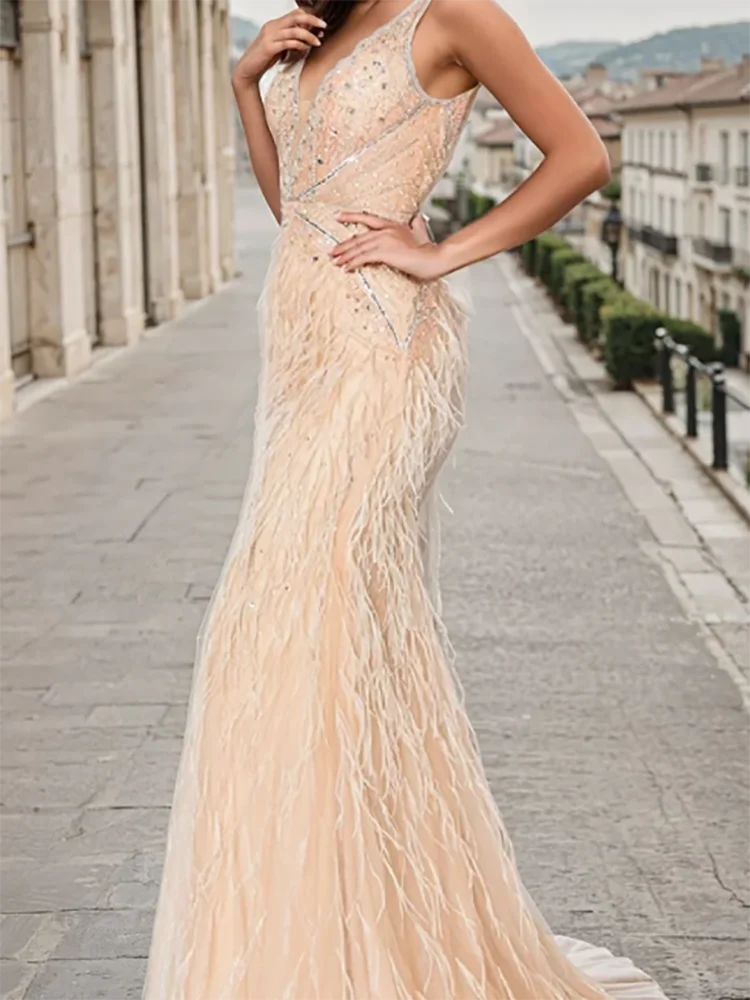 

Classic V-Neck Sleeveless Sequined Backless Mermaid Formal Evening Dresses Birthday Party Prom Gowns Customized