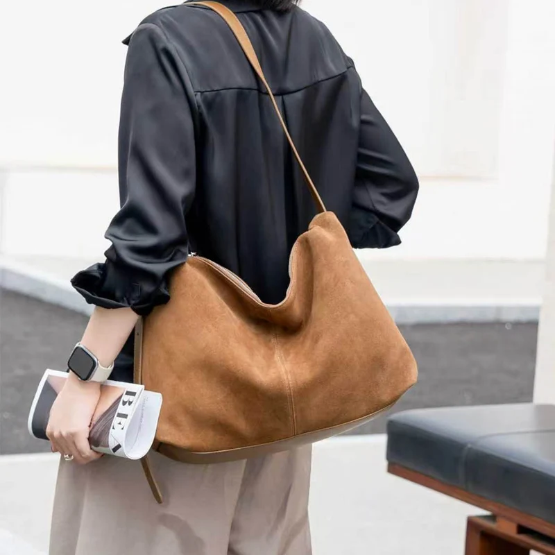 Women Large Capacity Soft Slouchy Casual Shoulder Bags Vintage Split Suede Leather Handbag Lady Multi Functional Crossbody Bag