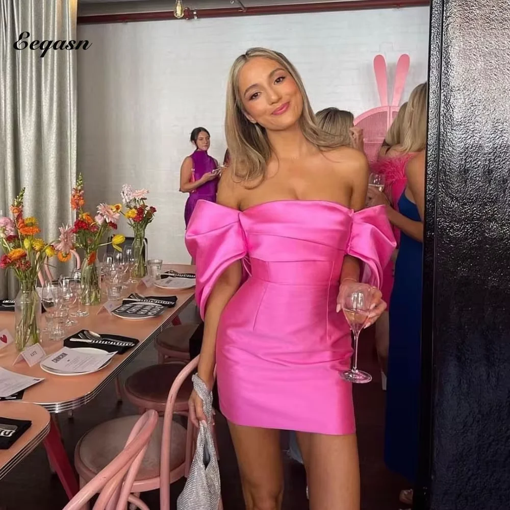 

Sexy Off The Shoulder Mini Satin Cocktail Prom Dress Hot Pink Bodycon Graduation Dresses Women Event Gown Vestido De Gala