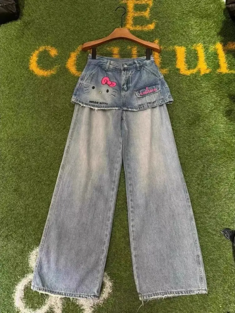 مرحبا كيتي خربش طباعة قطعتين تنورة السراويل النساء 2025 خمر غسل الدنيم الطبقات هيم التفاصيل Y2K لطيف لباس غير رسمي