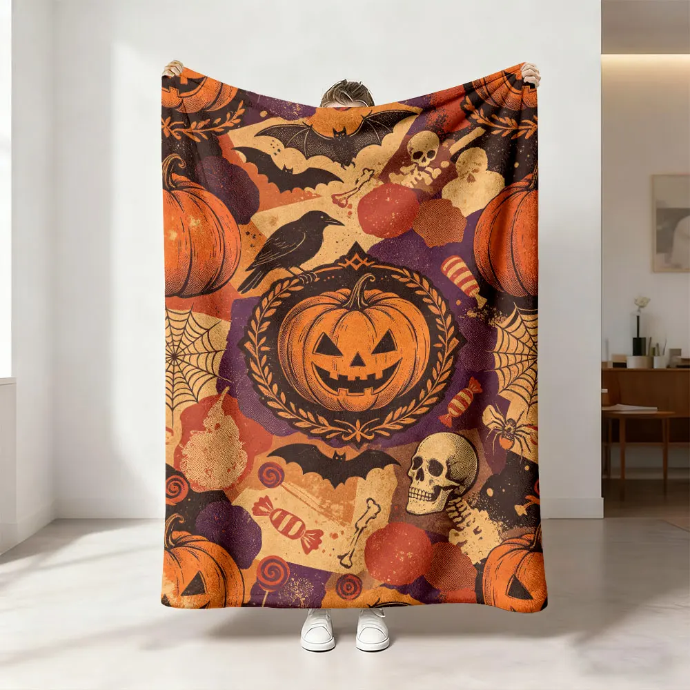 Vintage Halloween Pumpkin Bat Skull Flannel Blanket Soft Cozy Throw Blanket Retro Spooky Fall Bed Couch Decor Blanket