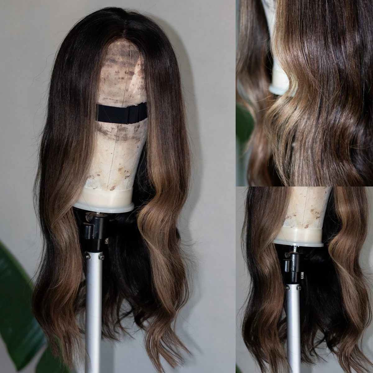 24 Inches Ombre Chestnut Brown Highlights Glueless Wigs Synthetic Hair Loose Deep Wave 13*4 HD Transparent Lace Wigs For Women