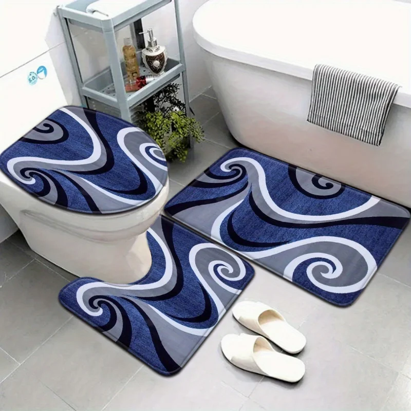 

Комплект из 3 предметов для ванной комнаты VIKAMA с сине-серым волнообразным узором, современный минималистичный стиль, нескользящий коврик для дома, туалета, ванны, набор для декора ног