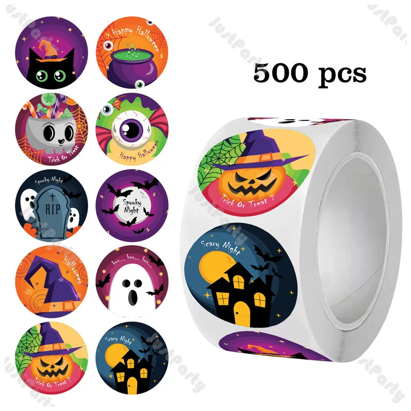 1 Roll 500pcs Halloween Skull Pumpkin Witch Black Cat DIY Round Stickers Sealing Packaging Labels Waterproof Festival Stickers view 4
