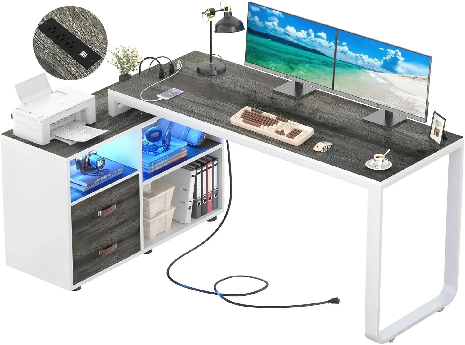 

Homieasy L Shaped Desk with File Cabinet & Power Outlet, Reversible 55 Inch Large Corner Computer Desks with LED Strip, L-Shaped