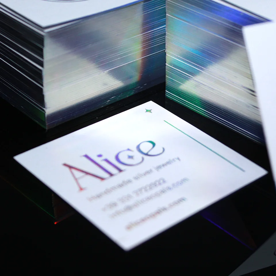 Custom Glittery LOGO Hologram Silver Foil Edge Business Card Square Hot Stamping Pearl Paper Visiting Card Double-side Printing