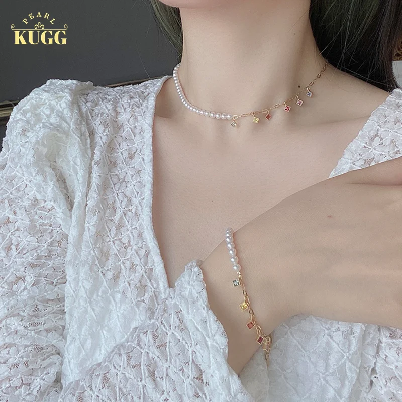 KUGG 18K Yellow Gold Necklace Romantic Rainbow Design Natural Color Sapphire and 3-4mm Elgant Pearl Exquisite Jewelry for Women