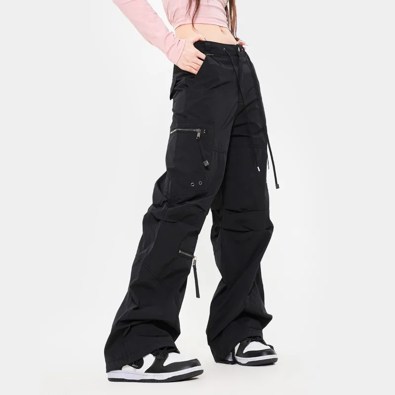 OR FL Women's Trendy American Style Cargo Trousers Hot Girl Fold Pink High Street Slacks Y2k Solid Color Zipper Staraight Pants