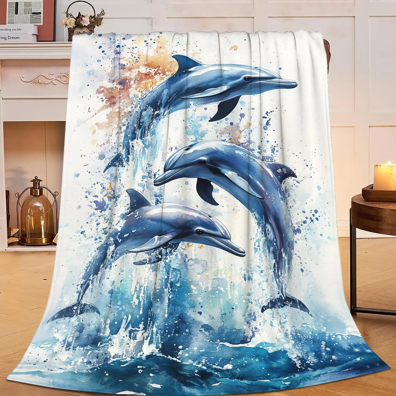 Watercolor Dolphin Ocean Splash Print Flannel Blanket Fashion Sofa Bedroom Warm Throw Blanket For Home Leisure Camping Daily Use