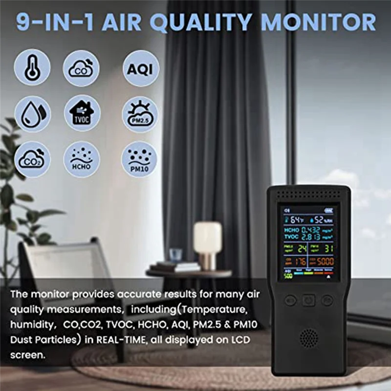 

Y43A-Air Quality Monitor 9 In 1,Formaldehyde Detector Indoor, Temperature & Humidity CO2 Meter, ,Detect PM2.5Monitor
