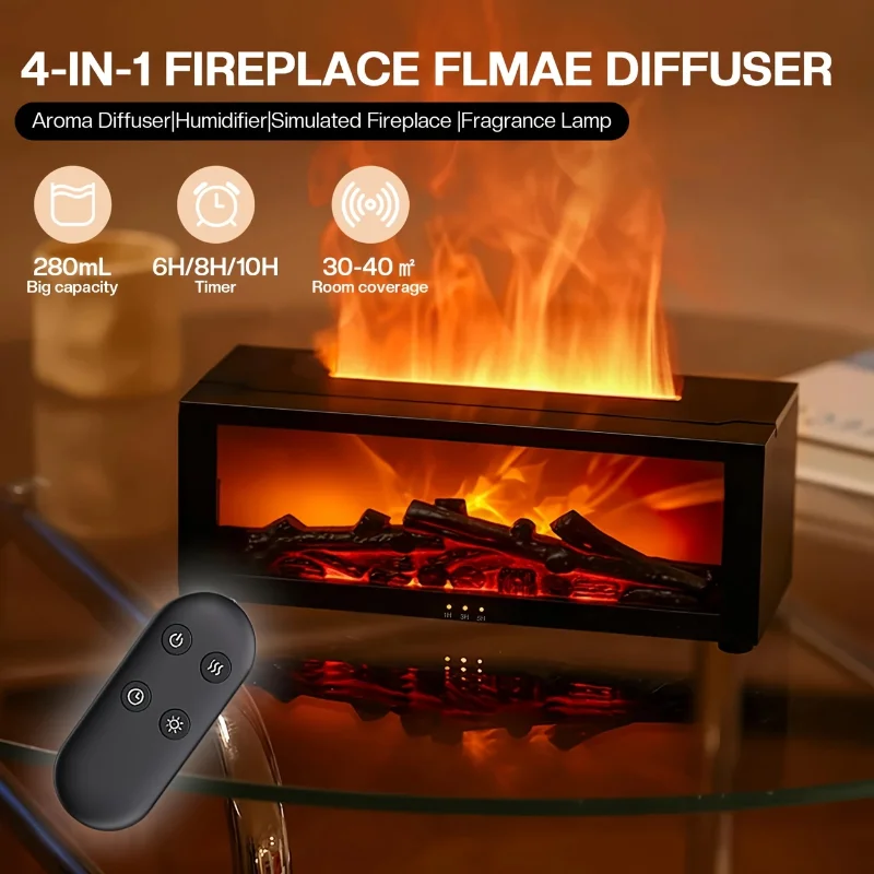 Fireplace Flame Cool Mist Humidifier with Remote, Timer, & 7-Color LED Lights | 9.47oz USB-Powered Diffuser with 2 Essential Oil