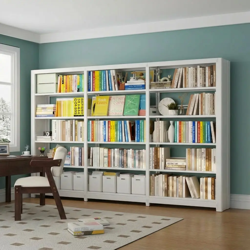 5-Tier Adjustable Metal Bookshelf with Book Stopper for Library Office Living Room White 1 Column 3 Unit, Customized