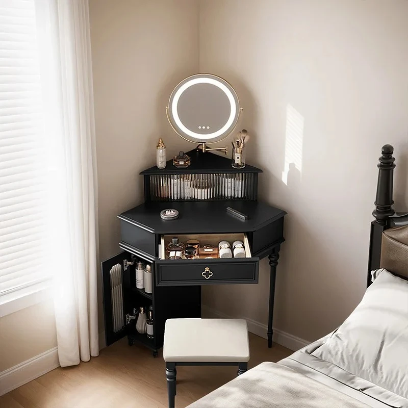 Vintage Solid Wood Corner Dressing Table Antique American Style Bedroom Wall Corner Triangle Black Makeup Table