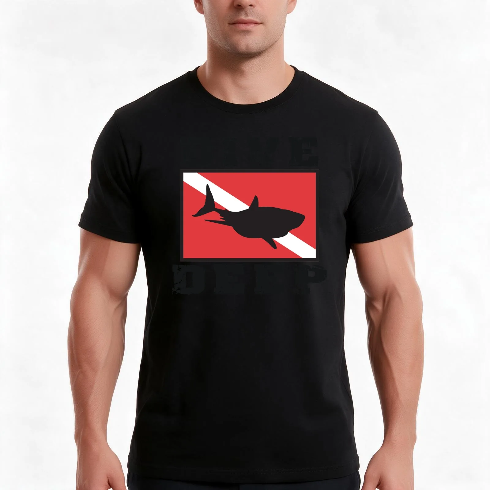 Shark SCUBA Flag Dive Deep T-Shirt, Summer Casual Cotton Tee, Oversized Streetwear Tops, Vintage Graphic Print, Unisex Men Women