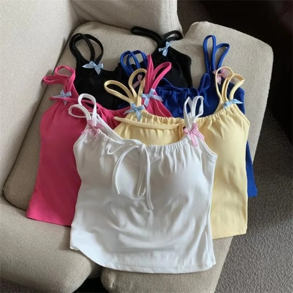 

Cute Summer Women Camisole Sleeveless Bow Tank Tops Spaghetti Strap With Chest Pad Crop Tops Slim Camis