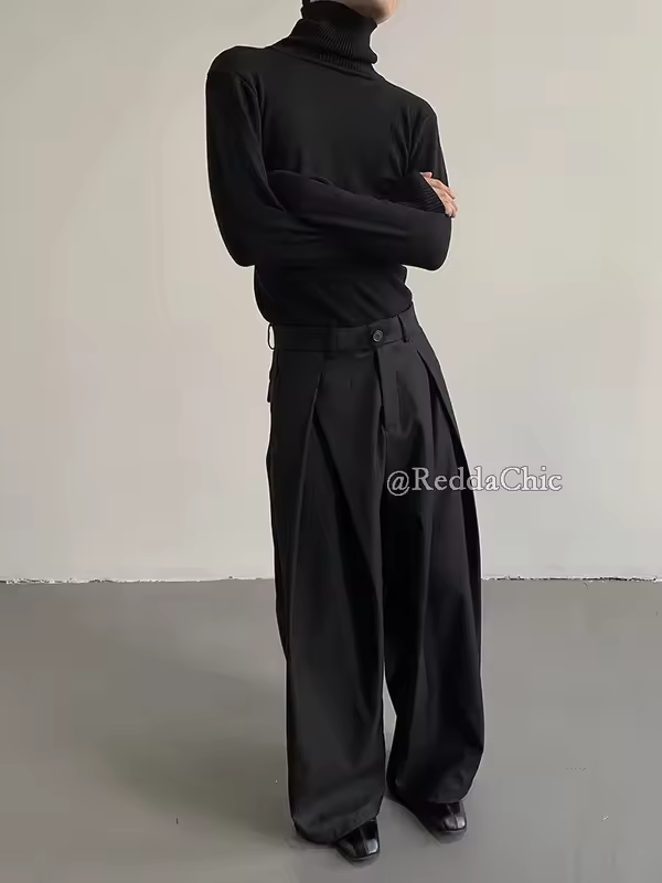 REDDACHiC Men's Pleated Front Wide Leg Pants Cleanfit Black Solid Low Waist Dressy Trousers Unisex Office Work Casual Clothes - Image 5