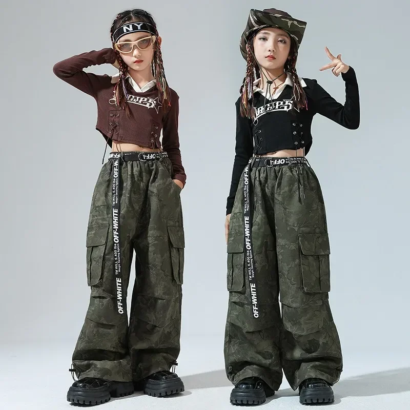 

4-15 Years Old Girl'S Crop Top Suit Street Girl Suit Girl'S Jazz Camouflage Pants Dance Performance Costume