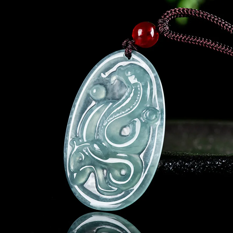 Natural Myanmar A-grade Jade Blue Water Twelve Zodiac Snake Pendant Ice Seed Jadeite Charms For Men's Gifts Women's Jewelry