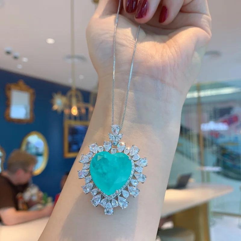 Cross-BorderwishLove Inlaid Simulation Paraiba Pendant Artificial Emerald Love Necklace Jewelry Wholesale