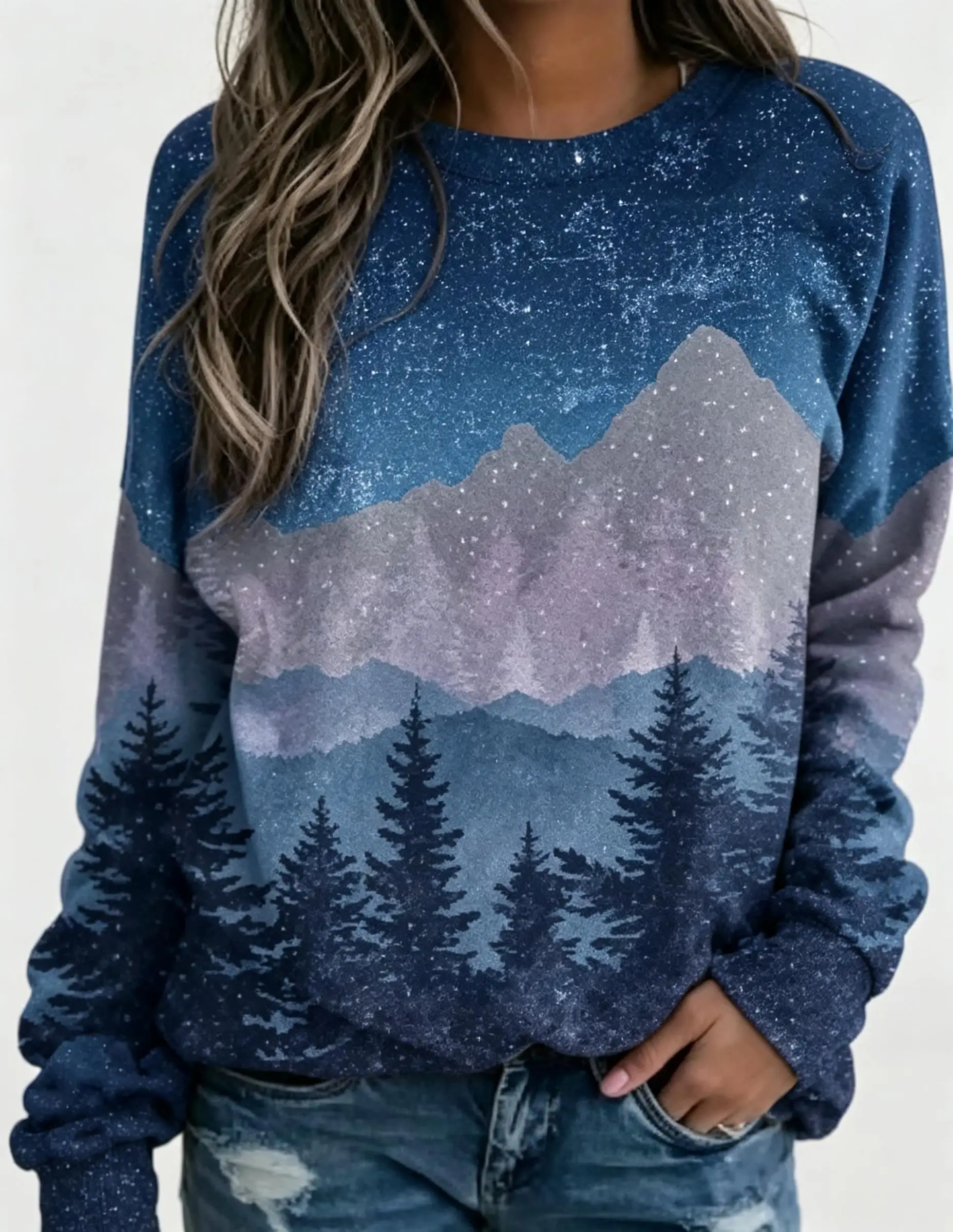Women Long Sleeve T Shirt Round Neck Casual Tops Mountain Forest Snow Scene Print Winter Fashion Loose Fit Daily Wear